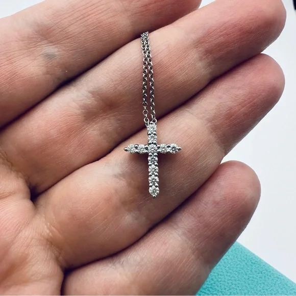 Tiffany & Co. .21 TCW Diamond Cross Necklace in Platinum with Packaging - Picture 12 of 13